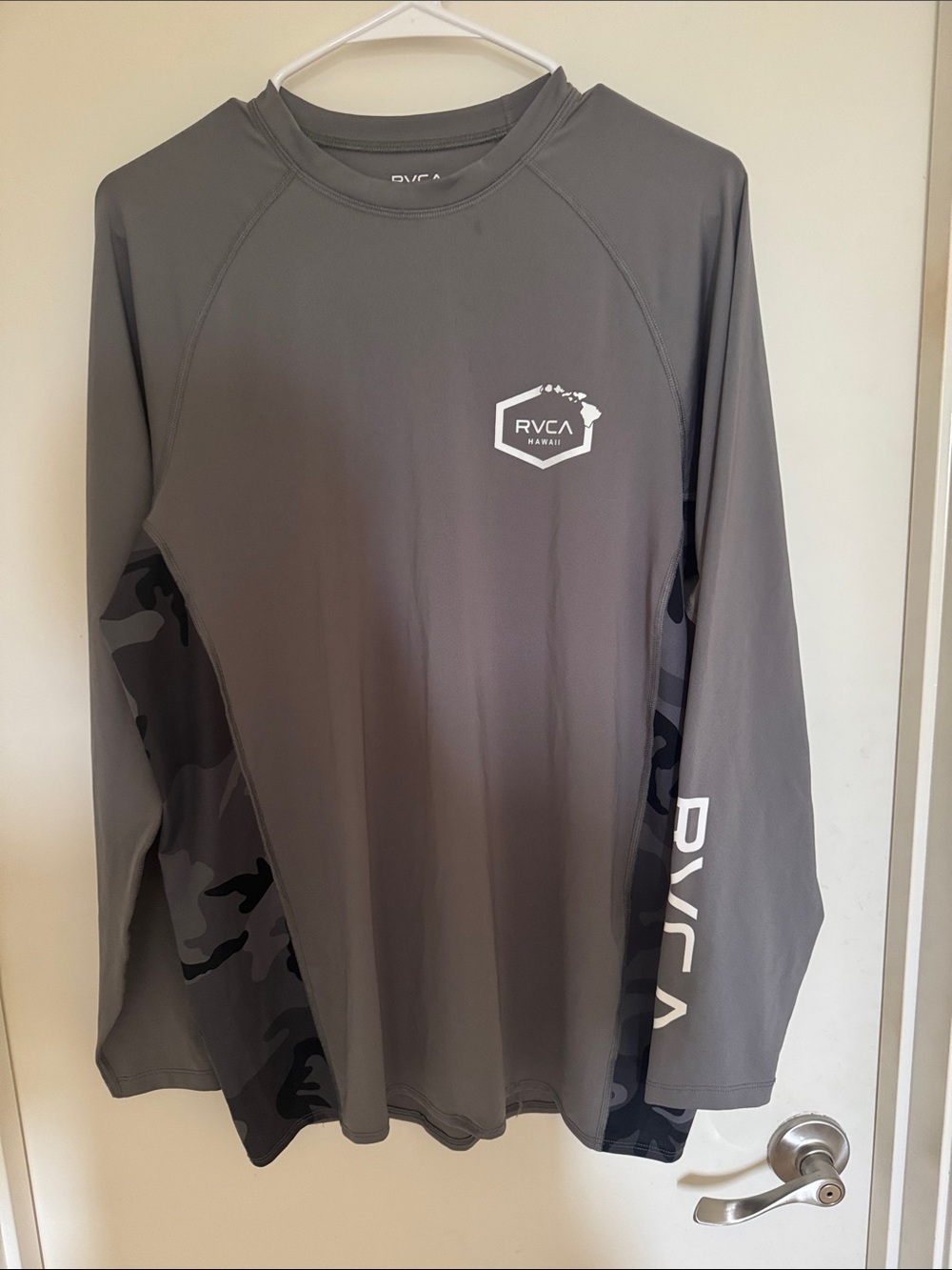 RVCA Men's Gray Long Sleeve Rash Guard with Dark Camo Panels
